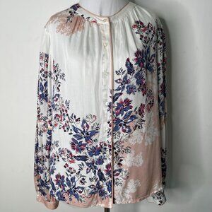 Kaari Women's White Blue Floral Long Sleeve Button Down Blouse Size XL